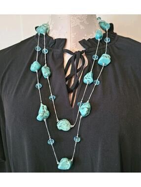 Genuine Turquoise Nugget Statement Necklace Silver Tone  56" Southwestern